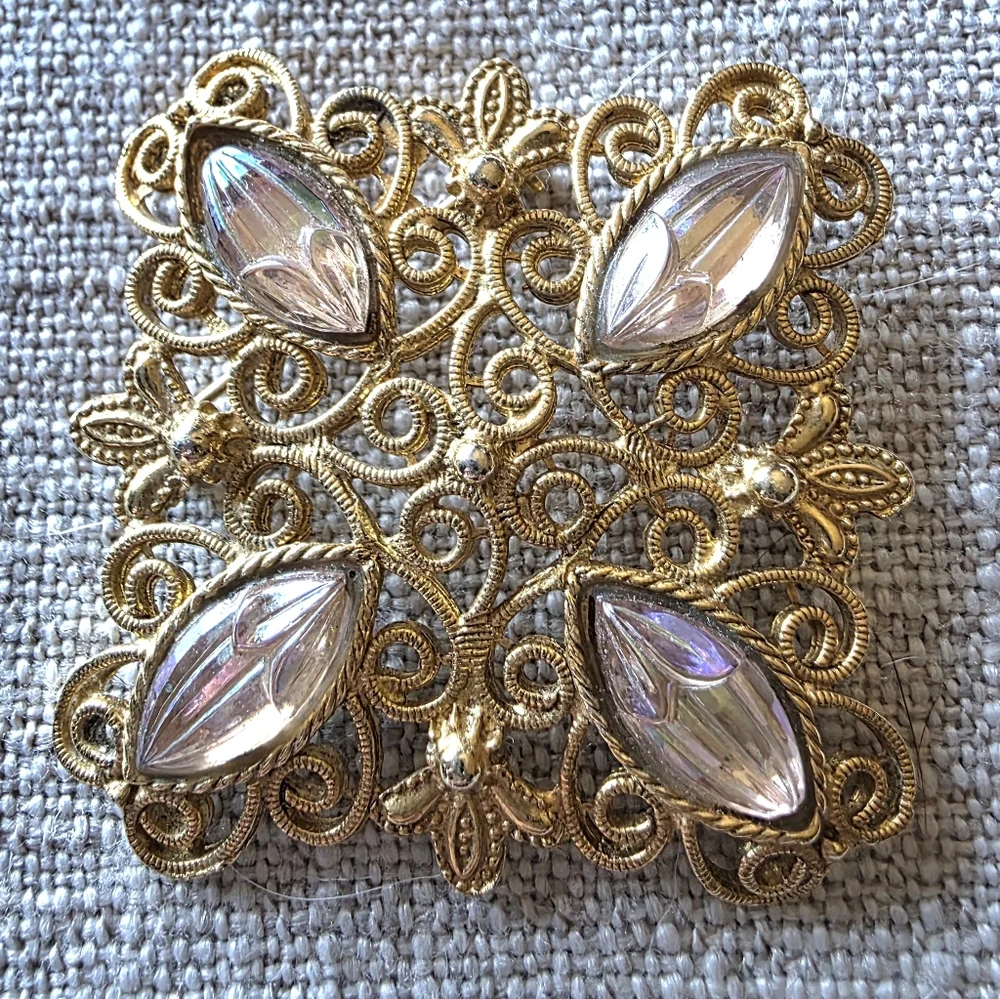 Vintage Pin Brooch Lucite AB Pink Crystal Antiqued Gold Retro Chunky 1970s